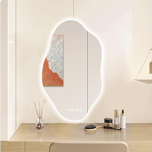Badspiegel Mit Beleuchtung Asymmetrischer LED Spiegel Badezimmer 3 Lichtfarbe Dimmbar LED Spiegel Mit Antibeschlag Wandspiegel Mit Uhr Und Temperatur Speicherfunktion Für Schlafzimmer Hotel Friseur(40 von ELZEM