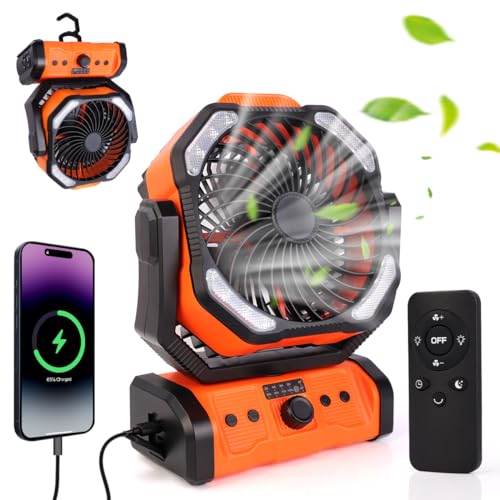 ELZO 20000mAh Camping Ventilator, Wiederaufladbarer Tischventilator USB Ventilator mit LED Licht & Haken, 270° Drehung mit Fernbedienung, Clip Fan für Outdoor Camping Stromausfall Angeln Hurricane von ELZO