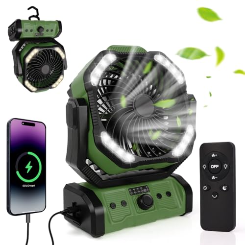 ELZO 20000mAh Camping Ventilator, Wiederaufladbarer Tischventilator USB Ventilator mit LED Licht & Haken, 270° Drehung mit Fernbedienung, Clip Fan für Outdoor Camping Stromausfall Angeln Hurricane von ELZO