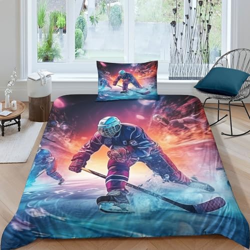 ELedvb Eishockey 3D Drucken Fantasie Style Bettwäsche Set Bettbezug Weiche Mikrofaser Mit Reißverschluss Mit Reißverschluss Und Kissenbezug Für Teens Junge Mädchen Single（135x200cm） von ELedvb