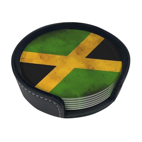 Old Jamaican Flag Absorbent Coasters for Drinks with Holder, Leather Coasters Set of 6, Round Coasters for Coffee Table, Desktop, Home Decor von ELkine