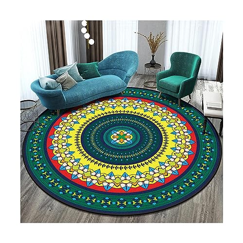 EMAFORO Teppich Ethnische Retro-Überwurfteppiche, runder, Rutschfester Teppich, Fußmatten für Balkon, Couchtisch, Wohnzimmer, Schlafzimmer, Nachttisch Flächenteppich von EMAFORO