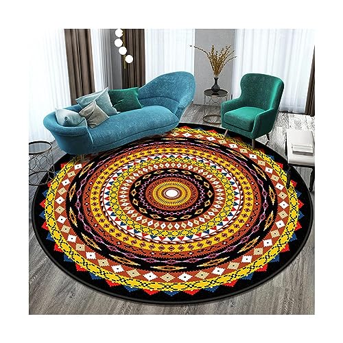 EMAFORO Teppich Ethnische Retro-Überwurfteppiche, runder, Rutschfester Teppich, Fußmatten für Balkon, Couchtisch, Wohnzimmer, Schlafzimmer, Nachttisch Flächenteppich von EMAFORO
