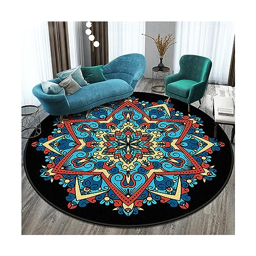 EMAFORO Teppich Ethnische Retro-Überwurfteppiche, runder, Rutschfester Teppich, Fußmatten für Balkon, Couchtisch, Wohnzimmer, Schlafzimmer, Nachttisch Flächenteppich von EMAFORO