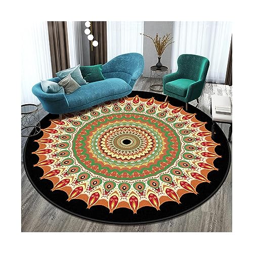 EMAFORO Teppich Ethnische Retro-Überwurfteppiche, runder, Rutschfester Teppich, Fußmatten für Balkon, Couchtisch, Wohnzimmer, Schlafzimmer, Nachttisch Flächenteppich von EMAFORO