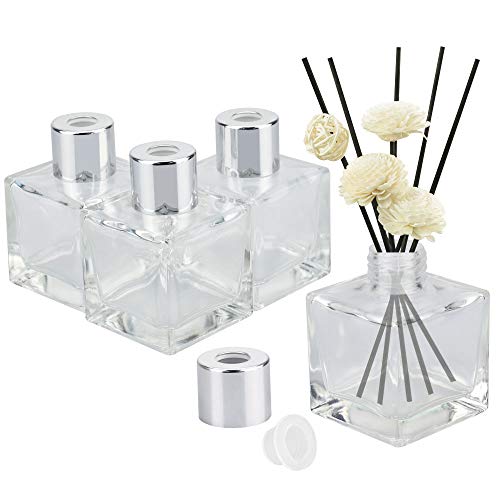 EMAGEREN 4 Stück Glasdiffusorflaschen kleine quadratische Glasdiffusorflaschen Set Ätherische Öl Duft Reed Halter Glas Diffusor Flaschen mit Kappen Duft-Zubehör Behälter für ätherische Öle (50ML) von EMAGEREN