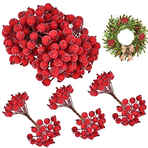 EMAGEREN 400 STK Rote Beeren Weihnachten Künstliche Adventskranz Deko Beere Gefälschte Weihnachtsdeko Rote Beeren Weihnachtskranz Gefrostet Holly Berry Ø1,2cm Holly Beeren für Weihnachtsbaum Geschenk von EMAGEREN