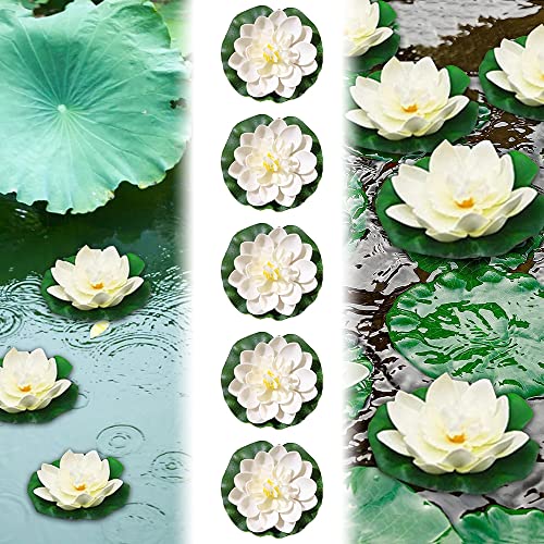 EMAGEREN 5 STK Künstliche Seerosen 10cm Schwimmende Blumen Seerose Schwimmend Lotusblüte Wasserlilie Weiß Seerose Kunstblume Lotusblume Künstliche Lotus Artificial für Gartenteich Dekoratio Garten von EMAGEREN