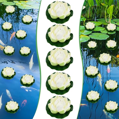 EMAGEREN 5 Stück Schwimmend Lotusblüten 10cm Künstliche Seerosen Künstliche Seerosen Schwimmend Wasserlilie Weiß Seerose Kunstblume Lotusblume Künstliche Lotus Artificial für Gartenteich Dekoratio von EMAGEREN