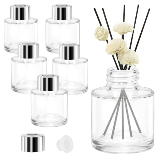 EMAGEREN 6 Stück Glasdiffusorflaschen,50ml Transparent Glas Diffusor Flasche, Zylinder Glasdiffusor Flaschen Leere Diffuser Bottle Flasche mit Kappen Duft Duftbehälter für Bad Schlafzimmer von EMAGEREN