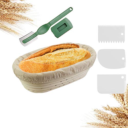 EMAGEREN Gärkörbchen Set ø 25cm Gärkörbchen Oval Banneton Gärkorb Handgefertigter Rattan-Korb Brotform Brotkorb Brot Gärkörbchen mit Leineneinsatz, Gebogenes Brotmesser, Teigschaber Set von EMAGEREN