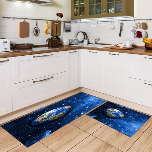EMCLKS 2 Stück Waschbar Küche Bodenmatte,Wasserdicht Pflegeleicht,Blick auf die Erde vom Mond aus.,Komfort und Sicherheit in Küche, Spüle und Wäscheraum,40x60+40x120cm von EMCLKS