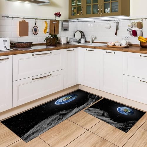 EMCLKS 2 Stück Waschbar Küche Bodenmatte,Wasserdicht Pflegeleicht,Blick auf die Erde vom Mond aus. (2),Komfort und Sicherheit in Küche, Spüle und Wäscheraum,40x60+40x120cm von EMCLKS