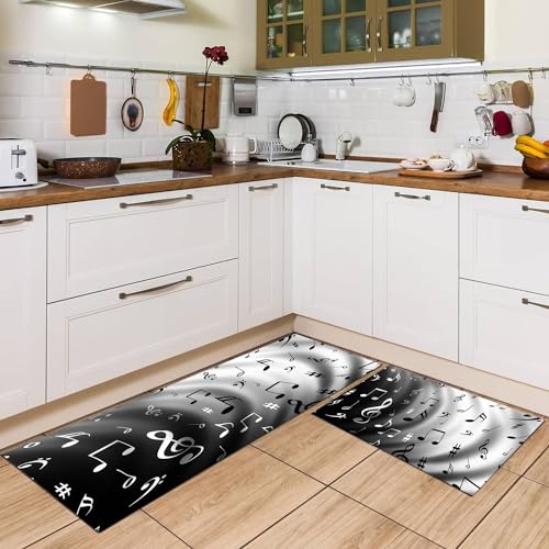 EMCLKS 2 Stück Waschbar Küche Bodenmatte,Wasserdicht Pflegeleicht,Der Hintergrund der schwarz-weißen Musikcharaktere ist wellenför,Komfort und Sicherheit in Küche, Spüle und Wäscheraum,44x75+44x120cm von EMCLKS