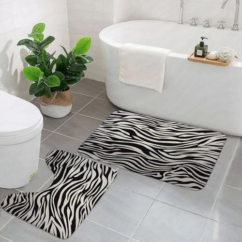EMCLKS Badezimmermatten 2 Stück rutschfeste Badematte Teppiche, Badezimmer-Garnitur,U-förmiger Teppich,Komplettes Zebra-Tiermuster, schwarz-weiß,Waschbar Matte von EMCLKS