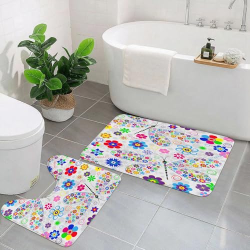 EMCLKS Badezimmermatten 2 Stück rutschfeste Badematte Teppiche, Badezimmer-Garnitur,U-förmiger Teppich,mit bunten Libellen auf grauem Hintergrund mit Blumen.,Waschbar Matte von EMCLKS