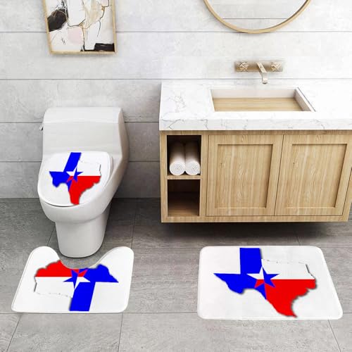 EMCLKS Badezimmermatten 3 Stück rutschfeste Badematte Teppiche, Badezimmer-Garnitur,U-förmiger Teppich,Texas Star, Texas Karte Umriss amerikanischen Südwesten Austin Houston Stadt,Waschbar Matte von EMCLKS