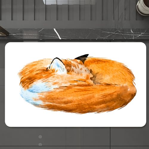 EMCLKS Badteppich rutschfeste,weicher Badezimmerteppich Badematte Badvorleger für Dusche,Badewanne und Toilette,Aquarell-Illustration eines schlafenden Fuchses Rotfuchs zusammengerollt in e,60x90 cm von EMCLKS