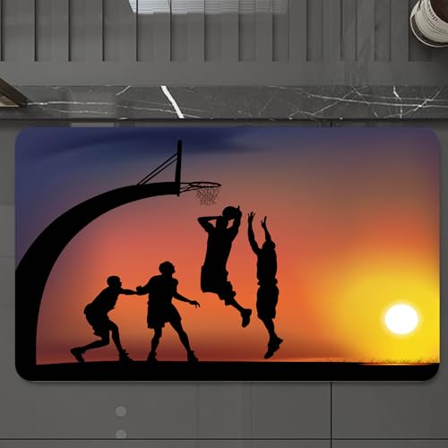 EMCLKS Badteppich rutschfeste,weicher Badezimmerteppich Badematte Badvorleger für Dusche,Badewanne und Toilette,Basketballszene bei Sonnenuntergang, Spielersilhouetten vor dem Sonnenschein,60x90 cm von EMCLKS
