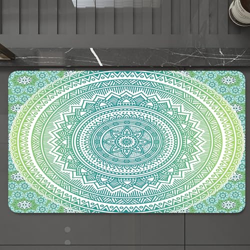 EMCLKS Badteppich rutschfeste,weicher Badezimmerteppich Badematte Badvorleger für Dusche,Badewanne und Toilette,Blaugrün und Limette, ethnisches Mandala-Muster mit Blütenblättern und Blüten,60x90 cm von EMCLKS