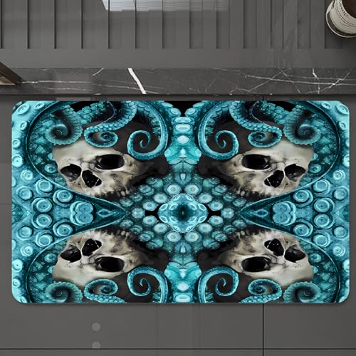 EMCLKS Badteppich rutschfeste,weicher Badezimmerteppich Badematte Badvorleger für Dusche,Badewanne und Toilette,Blauton, Totenkopf und Oktopus, Totenkopf und Oktopus-Tentakeln, Sich wiederh,60x90 cm von EMCLKS