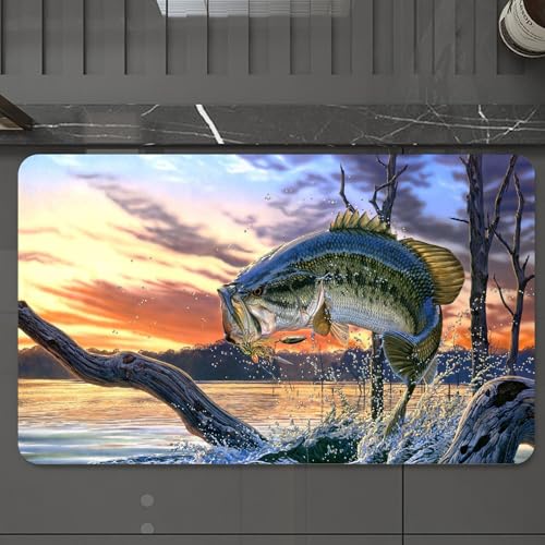 EMCLKS Badteppich rutschfeste,weicher Badezimmerteppich Badematte Badvorleger für Dusche,Badewanne und Toilette,Blick auf den Sonnenuntergang, Forellenbarsch Sprang von schwimmendem Holz vo,60x90 cm von EMCLKS