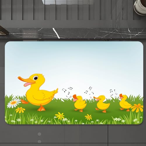 EMCLKS Badteppich rutschfeste,weicher Badezimmerteppich Badematte Badvorleger für Dusche,Badewanne und Toilette,Cartoon: Eine Ente führt Ihr Küken fröhlich singend durch das grüne Gras,60x90 cm von EMCLKS