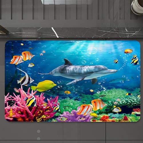 EMCLKS Badteppich rutschfeste,weicher Badezimmerteppich Badematte Badvorleger für Dusche,Badewanne und Toilette,Delfinkoralle Bunte Fische unter dem Meer,60x90 cm von EMCLKS