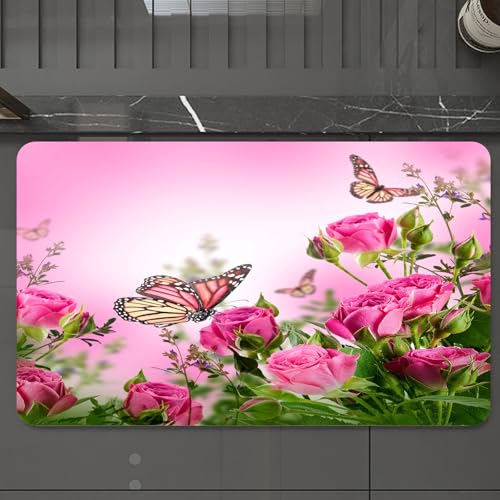 EMCLKS Badteppich rutschfeste,weicher Badezimmerteppich Badematte Badvorleger für Dusche,Badewanne und Toilette,Exquisite Schmetterlinge und üppige rosa Rosen schaffen eine süße Atmosphäre,60x90 cm EMCLKS Badteppich rutschfeste,weicher Badezimmerteppich Badematte Badvorleger für Dusche,Badewanne und Toilette,Exquisite Schmetterlinge und üppige rosa Rosen schaffen eine süße Atmosphäre,60x90 cm von EMCLKS