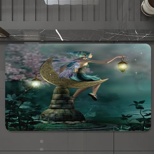 EMCLKS Badteppich rutschfeste,weicher Badezimmerteppich Badematte Badvorleger für Dusche,Badewanne und Toilette,Fantasy, Kleine Elfe mit Laterne, die auf einem Mondstein sitzt, Märchen, Myt,60x90 cm von EMCLKS