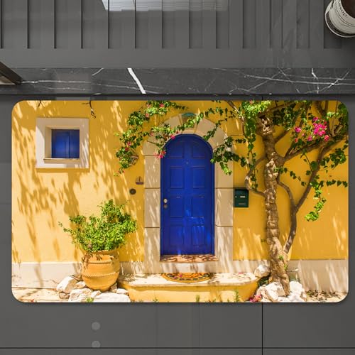 EMCLKS Badteppich rutschfeste,weicher Badezimmerteppich Badematte Badvorleger für Dusche,Badewanne und Toilette,Gelbe und Blaue traditionelle griechische Tür mit Blumen und Bäumen im medite,60x90 cm von EMCLKS