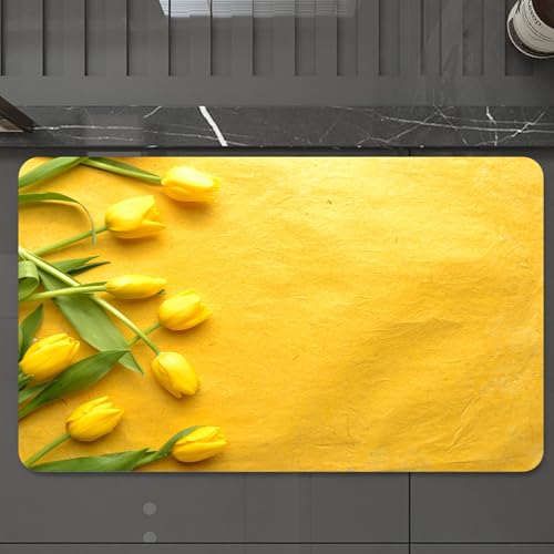 EMCLKS Badteppich rutschfeste,weicher Badezimmerteppich Badematte Badvorleger für Dusche,Badewanne und Toilette,Gelbe und dänische holländische Tulpen auf Einer bunten Gartenmauer,60x90 cm von EMCLKS