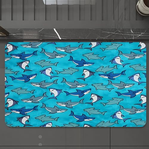 EMCLKS Badteppich rutschfeste,weicher Badezimmerteppich Badematte Badvorleger für Dusche,Badewanne und Toilette,Hai handgezeichnete Doodle-Hai-Skizze, Cartoon-Hai-Muster, Verspieltes Hai-Mu,60x90 cm von EMCLKS