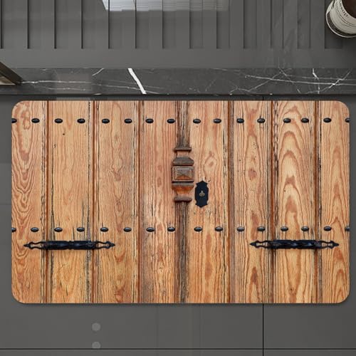 EMCLKS Badteppich rutschfeste,weicher Badezimmerteppich Badematte Badvorleger für Dusche,Badewanne und Toilette,Holztür im Retro-Stil, eine robuste, gealterte Tür mit Metallnieten und manue,60x90 cm von EMCLKS