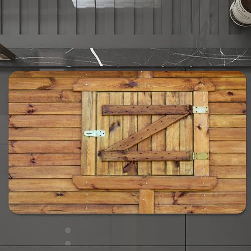EMCLKS Badteppich rutschfeste,weicher Badezimmerteppich Badematte Badvorleger für Dusche,Badewanne und Toilette,Holzwand mit Einer kleinen Tür mit Streben, Holzplankenwand im rustikalen Sti,60x90 cm von EMCLKS