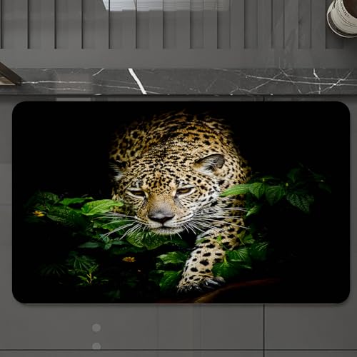 EMCLKS Badteppich rutschfeste,weicher Badezimmerteppich Badematte Badvorleger für Dusche,Badewanne und Toilette,Leopard Wildtier Safari 3D Leopard im Wald Grünes Blatt Blume Lebendiger 3D-D,60x90 cm von EMCLKS