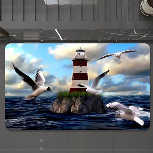 EMCLKS Badteppich rutschfeste,weicher Badezimmerteppich Badematte Badvorleger für Dusche,Badewanne und Toilette,Leuchtturm am Meer und Fliegender Vogel,60x90 cm von EMCLKS