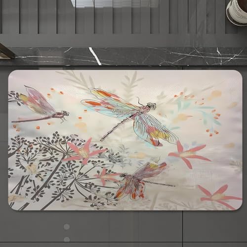 EMCLKS Badteppich rutschfeste,weicher Badezimmerteppich Badematte Badvorleger für Dusche,Badewanne und Toilette,Mode-Vektor-Illustration mit Blumen und Libelle,60x90 cm von EMCLKS