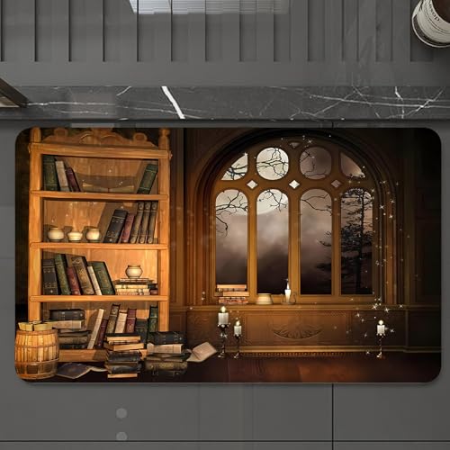 EMCLKS Badteppich rutschfeste,weicher Badezimmerteppich Badematte Badvorleger für Dusche,Badewanne und Toilette,Nachtbuchecke, EIN wunderschön dekorierter Bibliotheksraum mit dunklem Holz,60x90 cm von EMCLKS