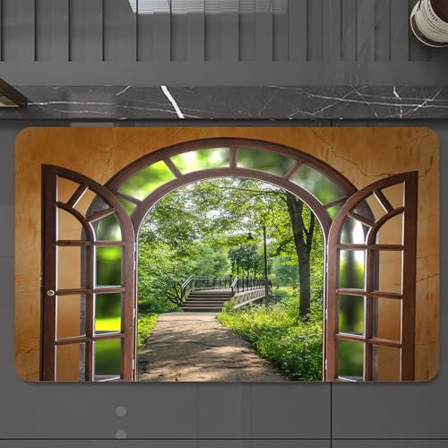 EMCLKS Badteppich rutschfeste,weicher Badezimmerteppich Badematte Badvorleger für Dusche,Badewanne und Toilette,Natur draußen Fenster Landschaft Garten grüne Bäume Pflanzen Blätter Brücke S,60x90 cm von EMCLKS