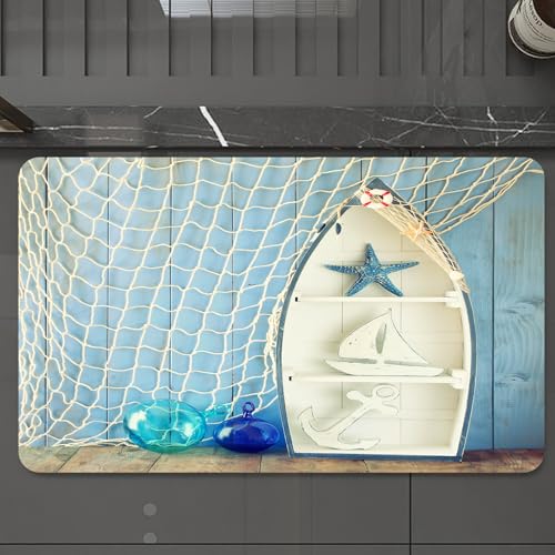 EMCLKS Badteppich rutschfeste,weicher Badezimmerteppich Badematte Badvorleger für Dusche,Badewanne und Toilette,Nautische Dekoration, Meeresobjekte auf Holz mit Vintage-Boot mit,60x90 cm von EMCLKS