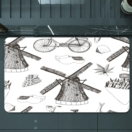 EMCLKS Badteppich rutschfeste,weicher Badezimmerteppich Badematte Badvorleger für Dusche,Badewanne und Toilette,Niederländische, traditionelle niederländische Symbolillustration mit handgez,60x90 cm von EMCLKS