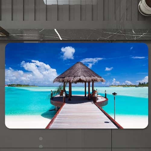 EMCLKS Badteppich rutschfeste,weicher Badezimmerteppich Badematte Badvorleger für Dusche,Badewanne und Toilette,Ozean, Steg und Meerblick auf tropischen karibischen l Beach Resort Bild, Tür,60x90 cm von EMCLKS