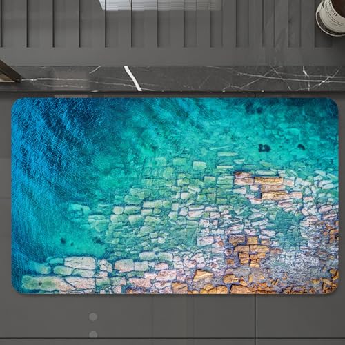 EMCLKS Badteppich rutschfeste,weicher Badezimmerteppich Badematte Badvorleger für Dusche,Badewanne und Toilette,Ozean Sommer Meer Strand Küste Rustikaler Ziegel Kunstdruck,60x90 cm von EMCLKS