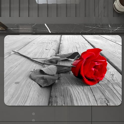 EMCLKS Badteppich rutschfeste,weicher Badezimmerteppich Badematte Badvorleger für Dusche,Badewanne und Toilette,Rote Rose Blume auf grauem Holzboden Holz Romantik Liebe romantisch,60x90 cm von EMCLKS