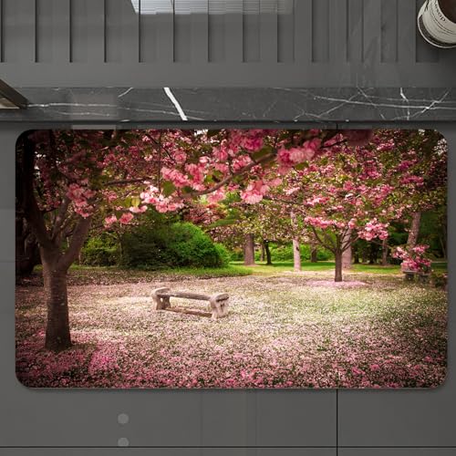 EMCLKS Badteppich rutschfeste,weicher Badezimmerteppich Badematte Badvorleger für Dusche,Badewanne und Toilette,Ruhige Gartenbank Kirschblütenbaum Hintergrund blühender Baum Fallen rosa Blü,60x90 cm von EMCLKS