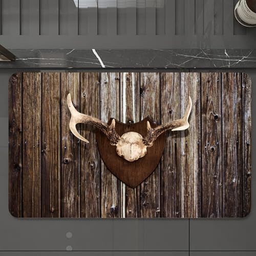 EMCLKS Badteppich rutschfeste,weicher Badezimmerteppich Badematte Badvorleger für Dusche,Badewanne und Toilette,Rustikale Haus Hütte Hütte Wand mit Geweih Jagdhütte Land TRO,60x90 cm von EMCLKS
