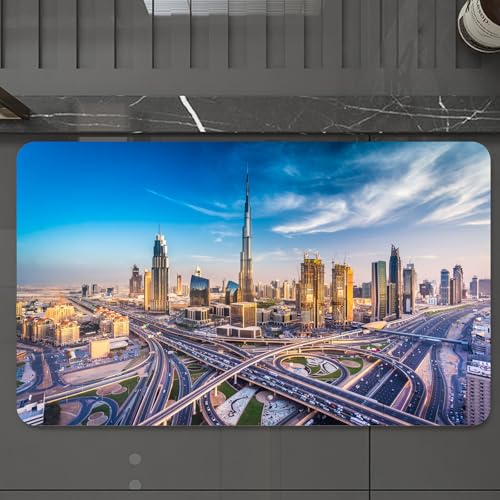EMCLKS Badteppich rutschfeste,weicher Badezimmerteppich Badematte Badvorleger für Dusche,Badewanne und Toilette,Skyline von Dubai mit wunderschöner Stadt in der Nähe der verkehrsreichsten A,60x90 cm von EMCLKS