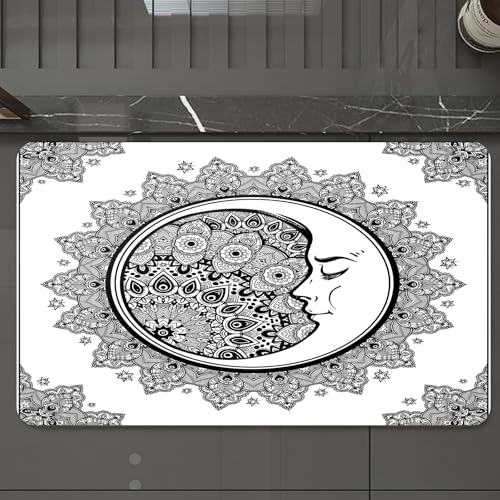 EMCLKS Badteppich rutschfeste,weicher Badezimmerteppich Badematte Badvorleger für Dusche,Badewanne und Toilette,Sternzeichen, komplizierte Boho-Mandala-Form mit Halbmond im Vordergrund A,60x90 cm von EMCLKS