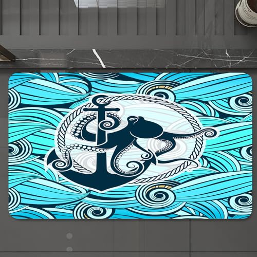 EMCLKS Badteppich rutschfeste,weicher Badezimmerteppich Badematte Badvorleger für Dusche,Badewanne und Toilette,Symbol des Oktopus vor dem Hintergrund stilisierter Meereswellen,60x90 cm von EMCLKS